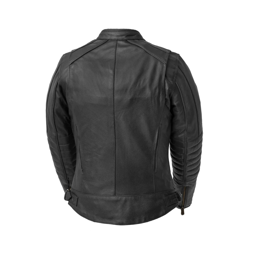 "Back view of 'The Jada' motorcyclist's leather jacket showcasing its sleek design and reflective piping for enhanced visibility. Armor pockets for optional CE-2 armor."