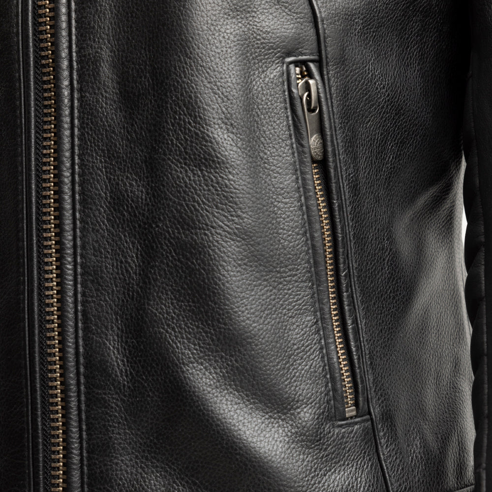 "Close-up of 'The Jada' motorcyclist's leather jacket's side pocket detail, showcasing its functional design."