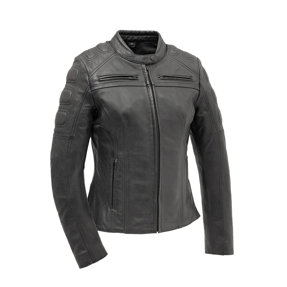  "Front view of the Targa jacket showcasing its unique padded details, zippered chest pockets, snap collar, and sleek design."