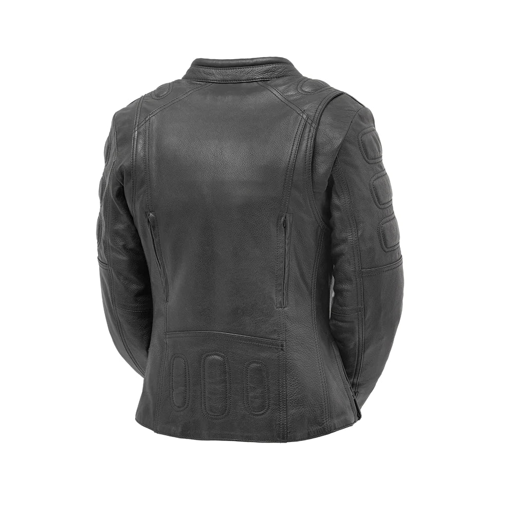  "Back view of the Targa jacket displaying its zippered vents, action back for comfortable riding, and stylish, padded details across the shoulders and lower back."