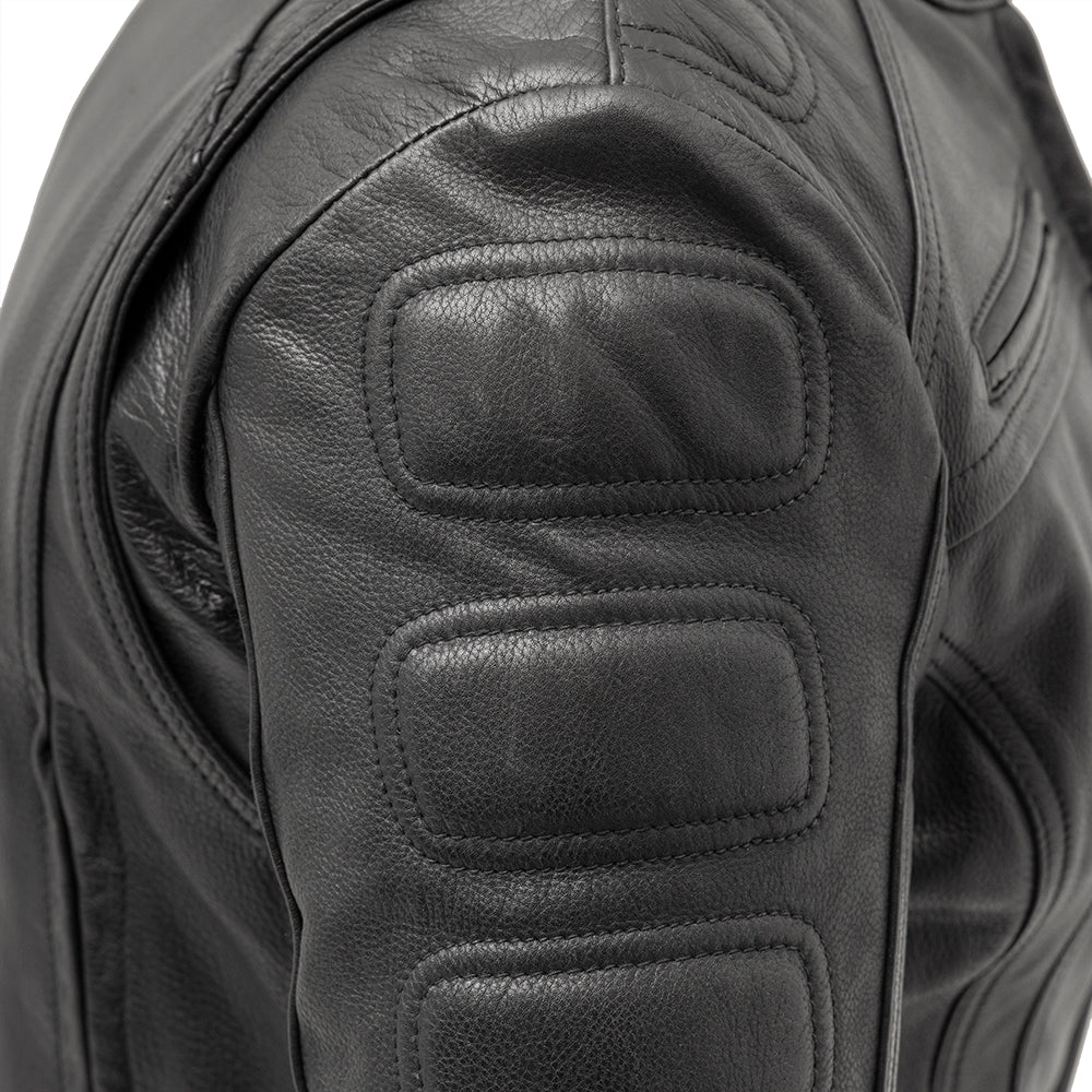 "A close-up image of the Targa jacket's shoulder, highlighting the unique padded details for added style and flair."