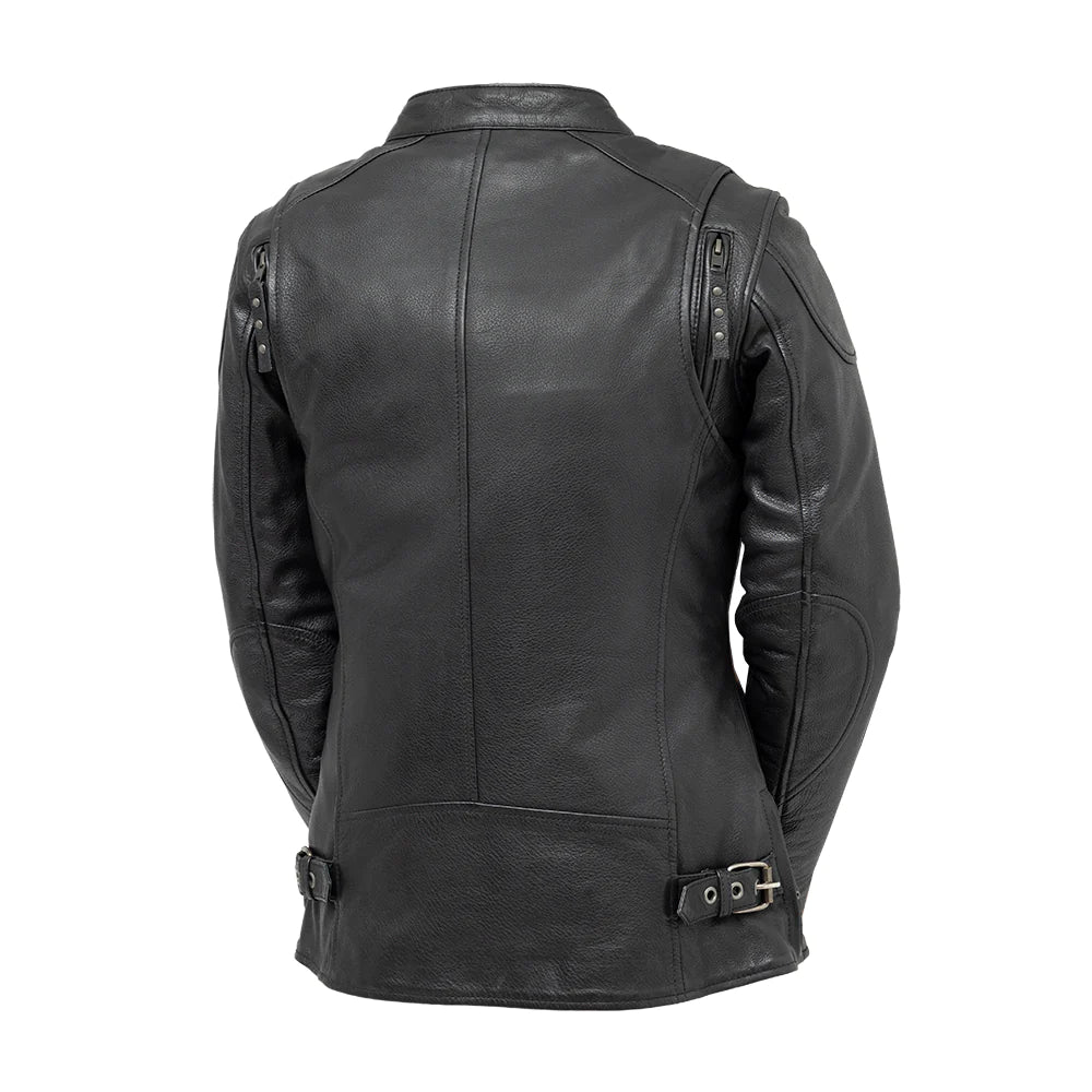 "Image: Back view of a black motorcycle jacket showcasing zippered vents, adjustable side belts with buckles for fit, and a sleek, streamlined design."