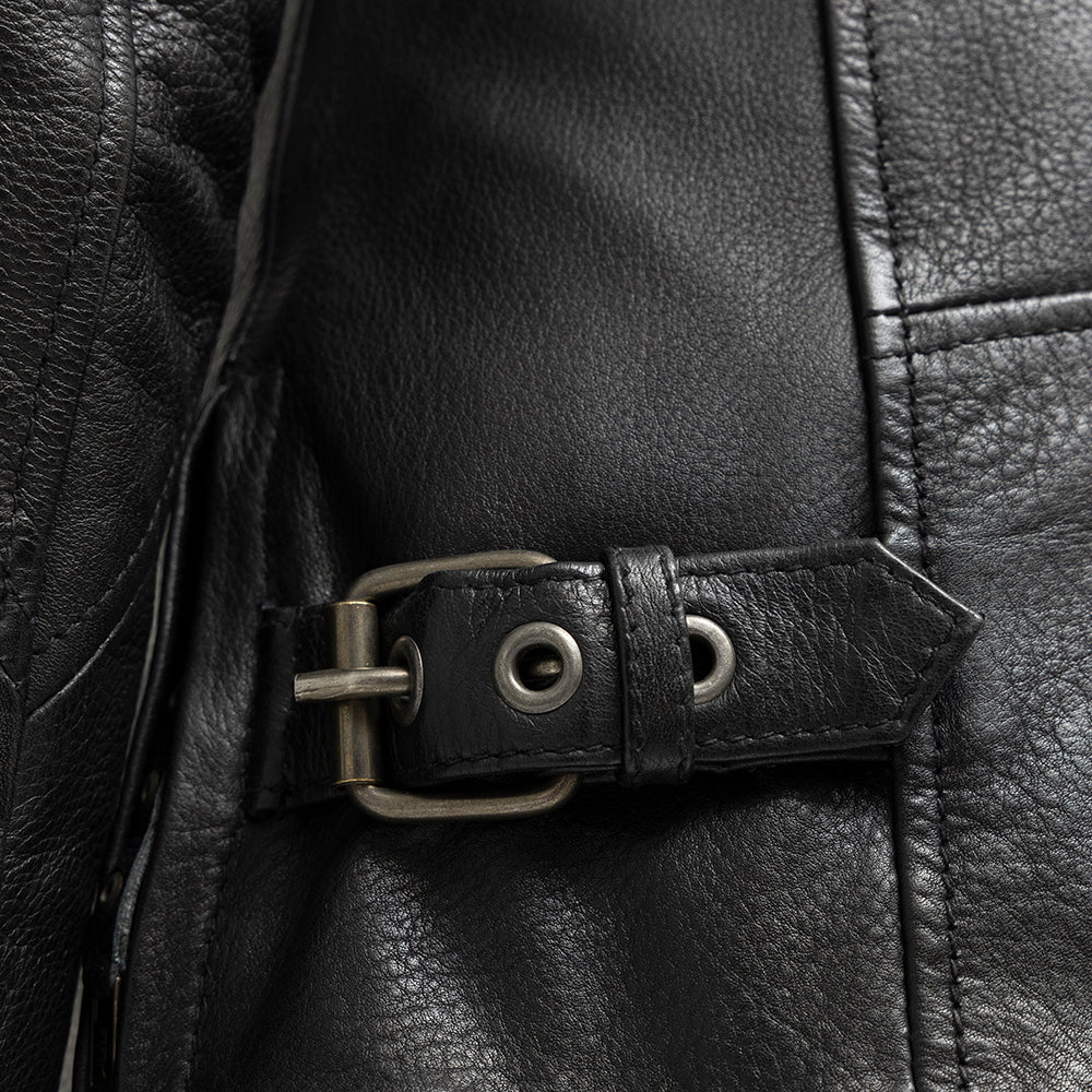  "Image: Side view of a black motorcycle jacket displaying adjustable buckle detail on the side belts. 