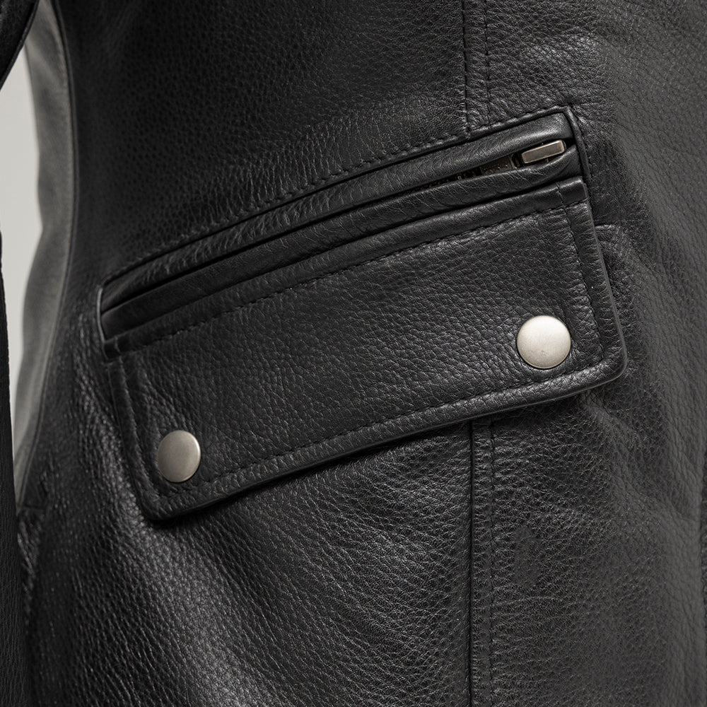 Image: Close-up side view of a black motorcycle jacket pocket with zipper detail. 