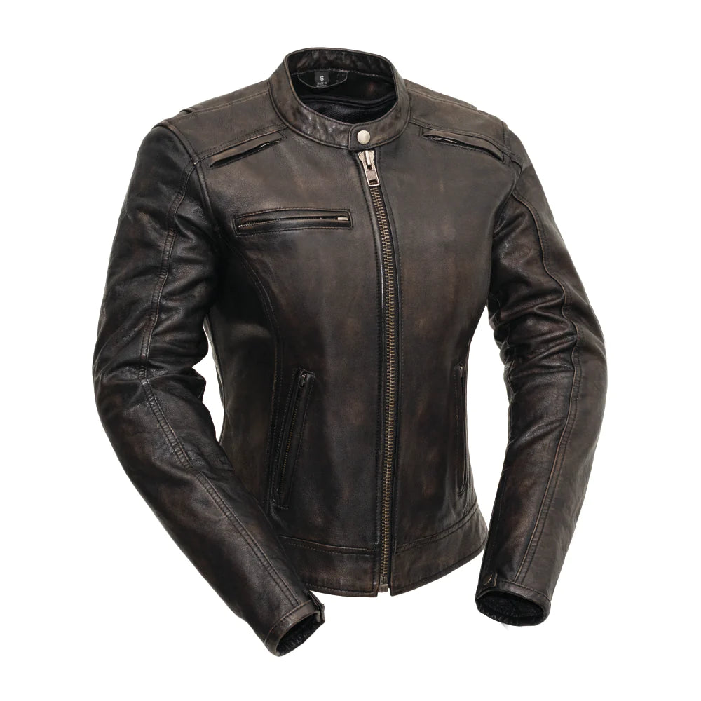 Trickster Motorcycle Jacket: Front View, Vents, Pockets, Conceal Carry, Stylish Leather.