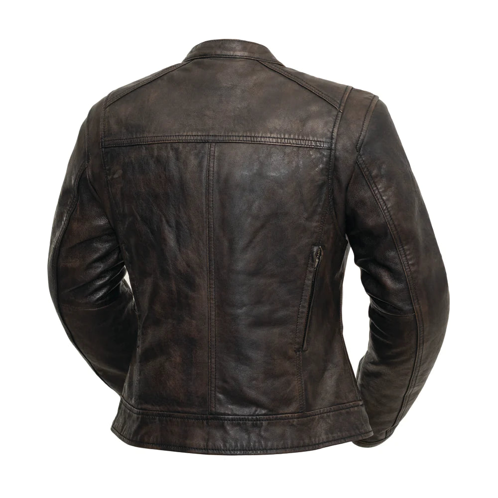 Trickster Motorcycle Jacket: Back View, Vents, Action Back, Stylish Leather.