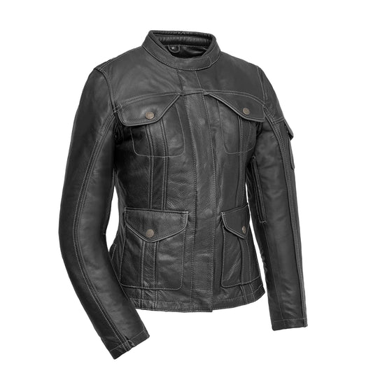 "Front view of The Outlander motorcycle jacket. Durable .8-.9mm Diamond Cowhide leather with multiple pockets and heavy-duty snaps. Sizes XS-5X. Ideal for cruisers and adventure bikes."