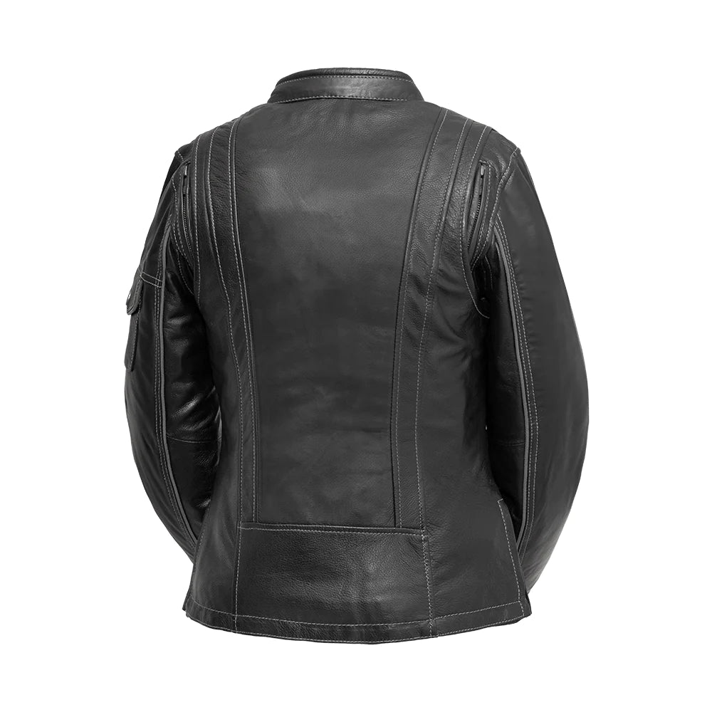  "Photo: Back view of The Outlander motorcycle jacket. Crafted with .8-.9mm Diamond Cowhide leather, featuring vents for breathability and comfort. Sizes XS-5X. Perfect for cruisers and adventure bikes."