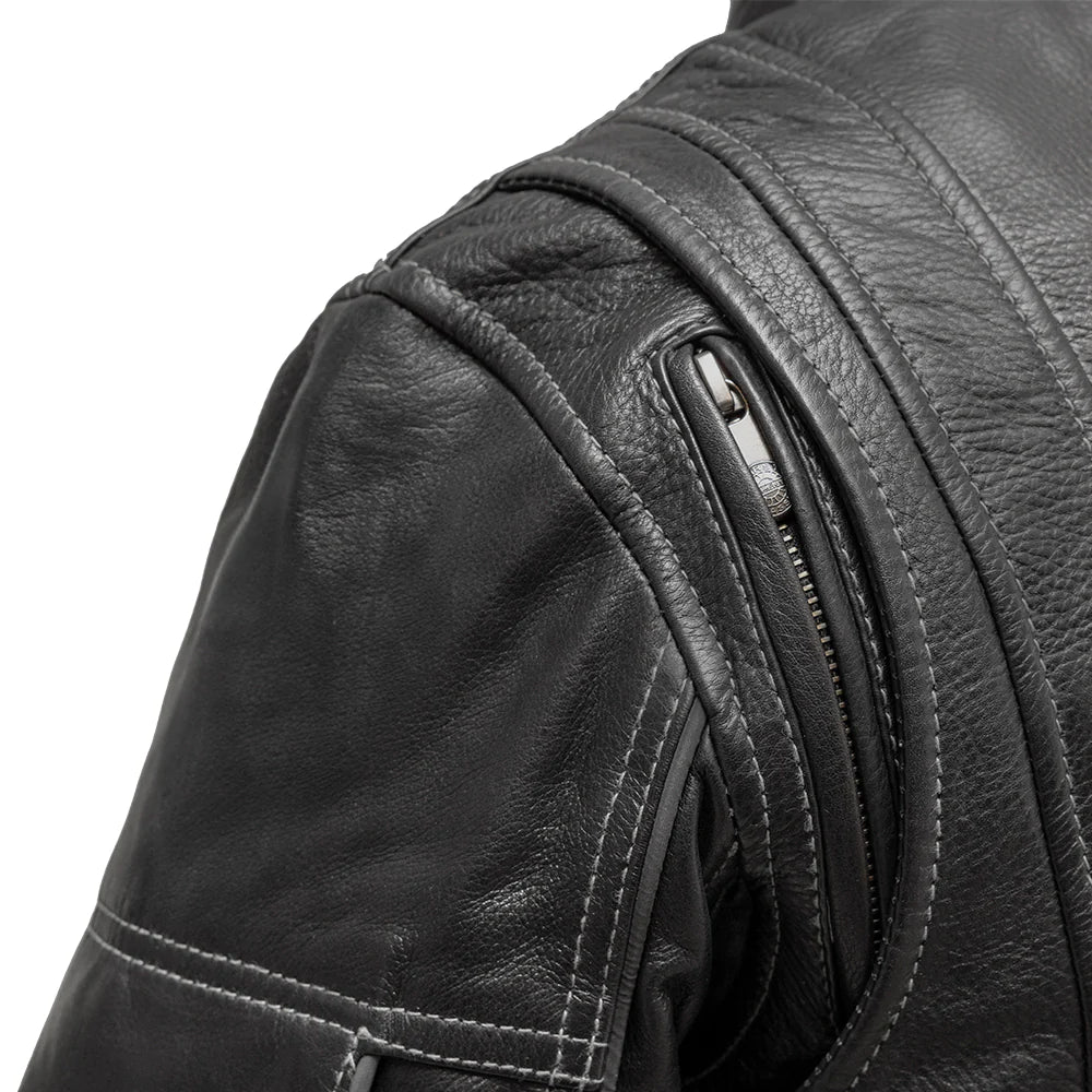  "Close-up photo of The Outlander motorcycle jacket's back shoulder, highlighting the zipper detail. Durable .8-.9mm Diamond Cowhide leather. Ideal for cruisers and adventure bikes. Available in sizes XS-5X."