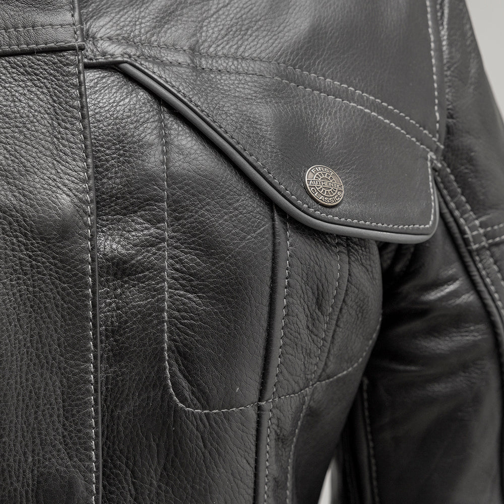 "Close-up photo of the top front pocket on The Outlander motorcycle jacket. Crafted from .8-.9mm Diamond Cowhide leather.