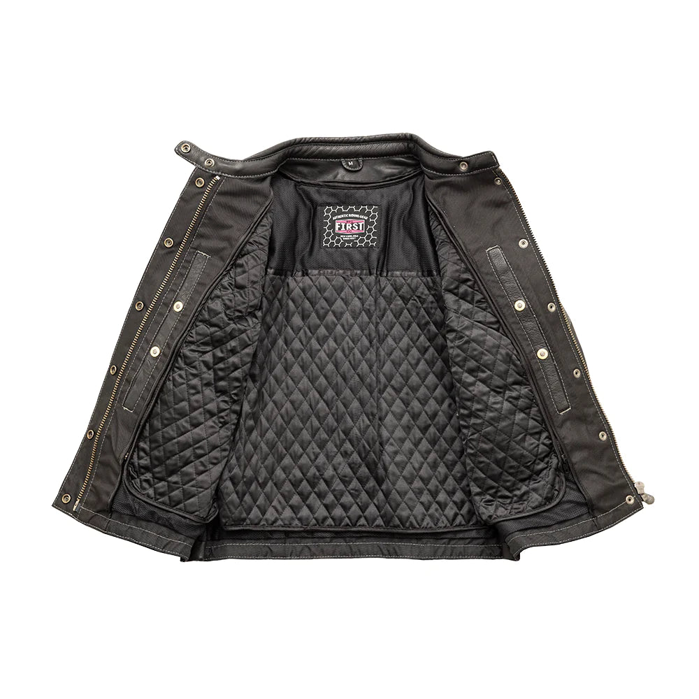  "Photo: Front view of The Outlander motorcycle jacket worn open. Crafted from .8-.9mm Diamond Cowhide leather. Sizes XS-5X. Perfect for cruisers and adventure bikes."