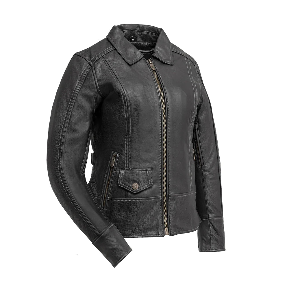 "Front view of the Free Spirit women's black leather jacket, showcasing a sleek design with a central zipper, snap-down collar, and zippered pockets."