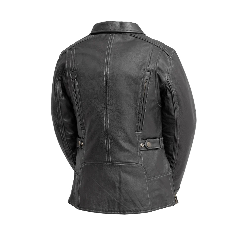 "Back view of the Free Spirit women's black leather jacket, featuring zippered vents, snap-down side tabs at the waist, and an action-back design for flexibility."