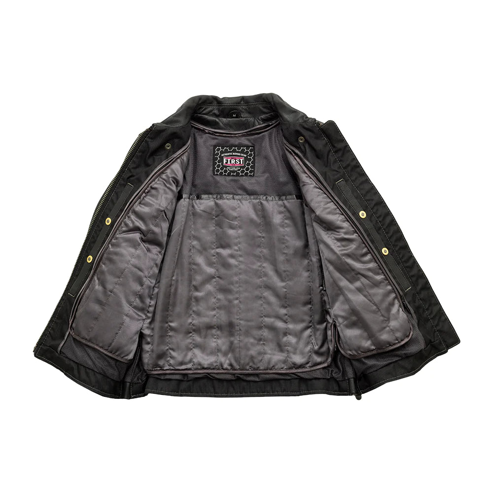  "Front view of the Free Spirit women's black leather jacket, shown open to reveal the white stitching, exposed center zipper, and interior conceal carry pockets."