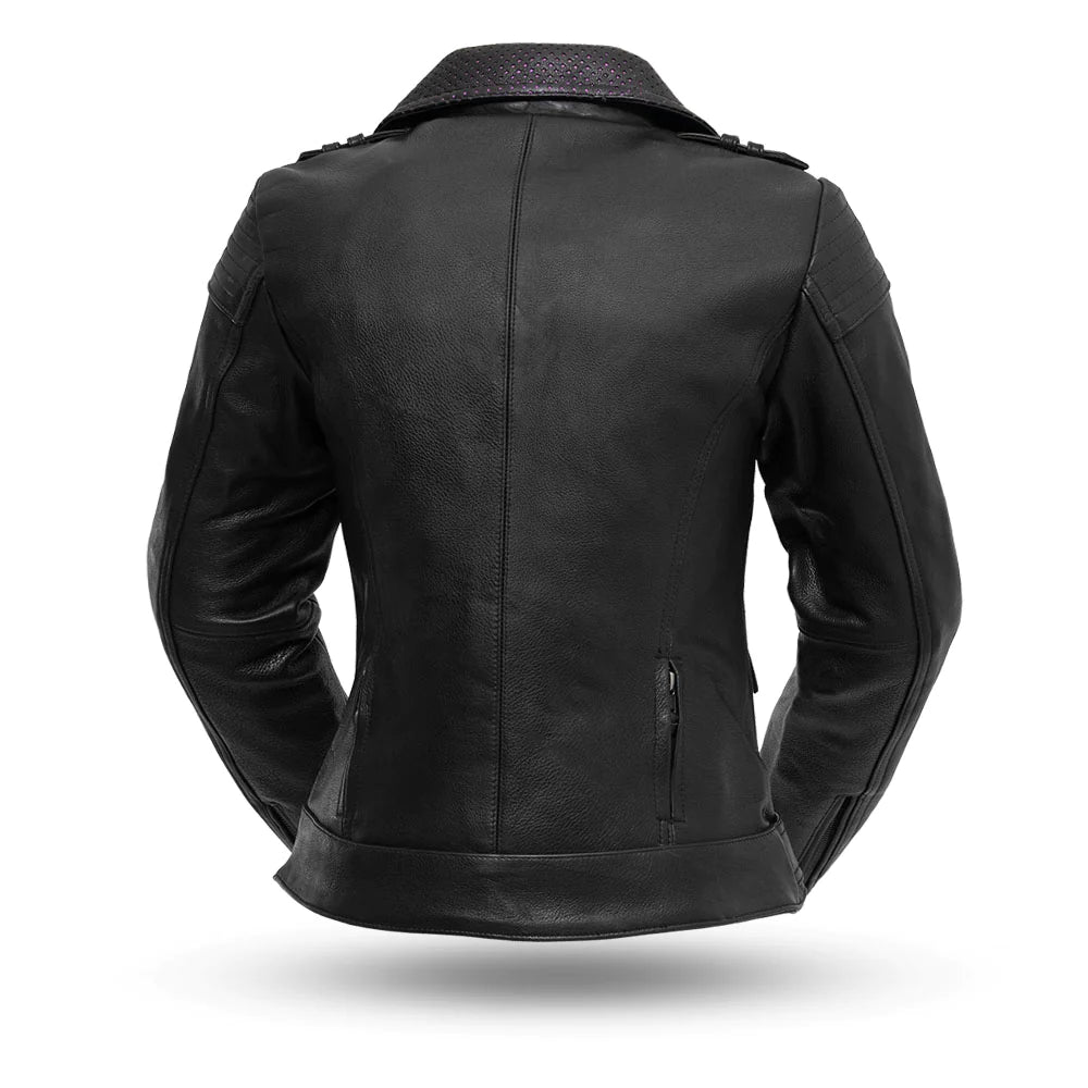  Back view of Iris Women's Motorcycle Leather Jacket, showcasing a clean and elegant design.