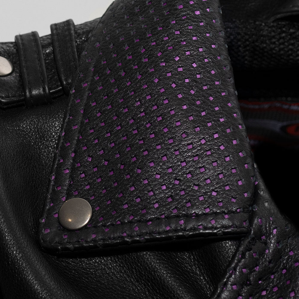  Collar detail of Iris Women's Motorcycle Leather Jacket, highlighting stylish design and craftsmanship.
