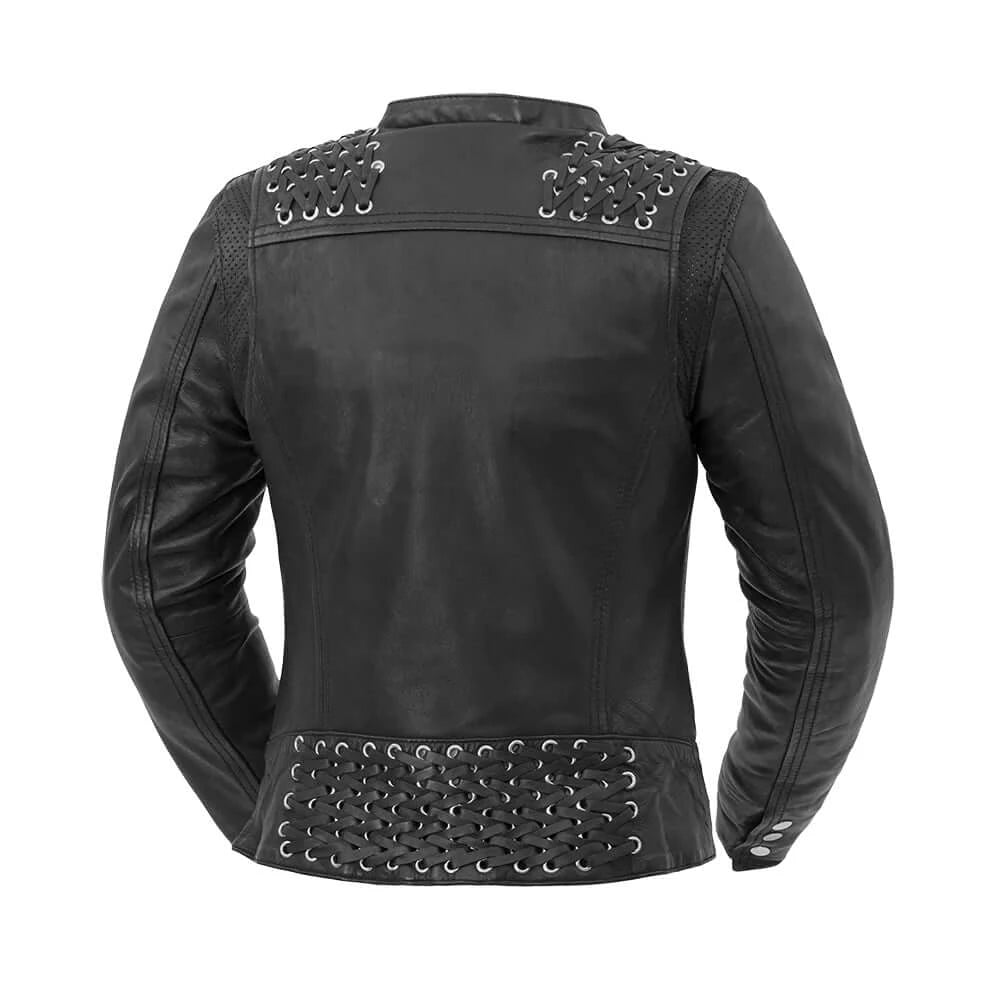 "Back view of Black Widow women's motorcycle jacket, showcasing reinforced back and stylish fit."