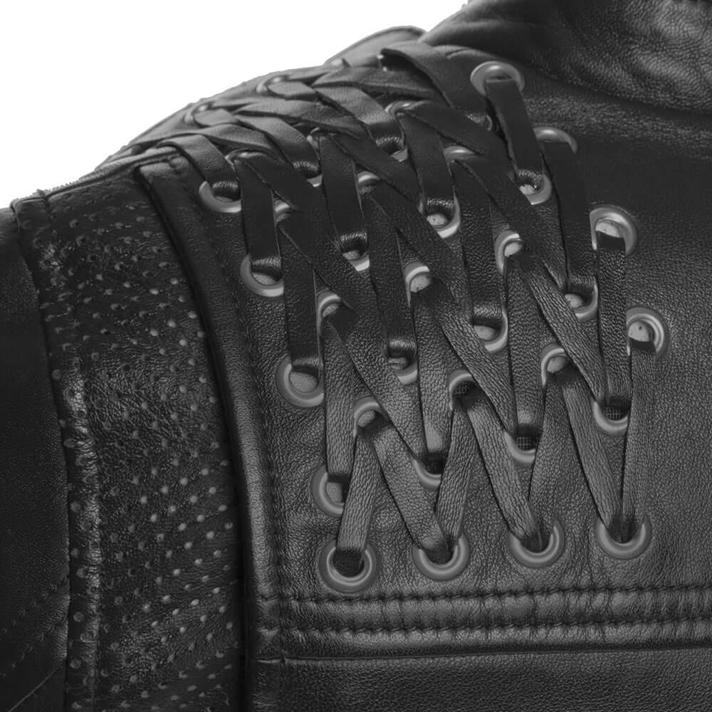 "Back view of the Black Widow women's leather motorcycle jacket, highlighting its reinforced back and stylish fit.