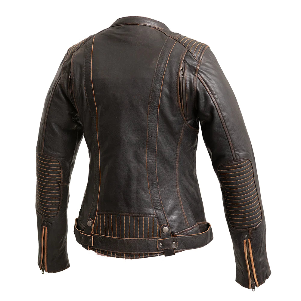  Back of Electra Women's Leather Motorcycle Jacket, showing clean design with contour seams.
