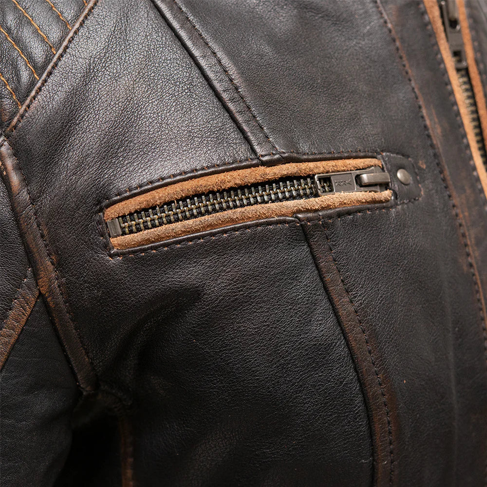 Close-up of pocket on Electra Women's Leather Motorcycle Jacket, highlighting zipper detail and leather texture.