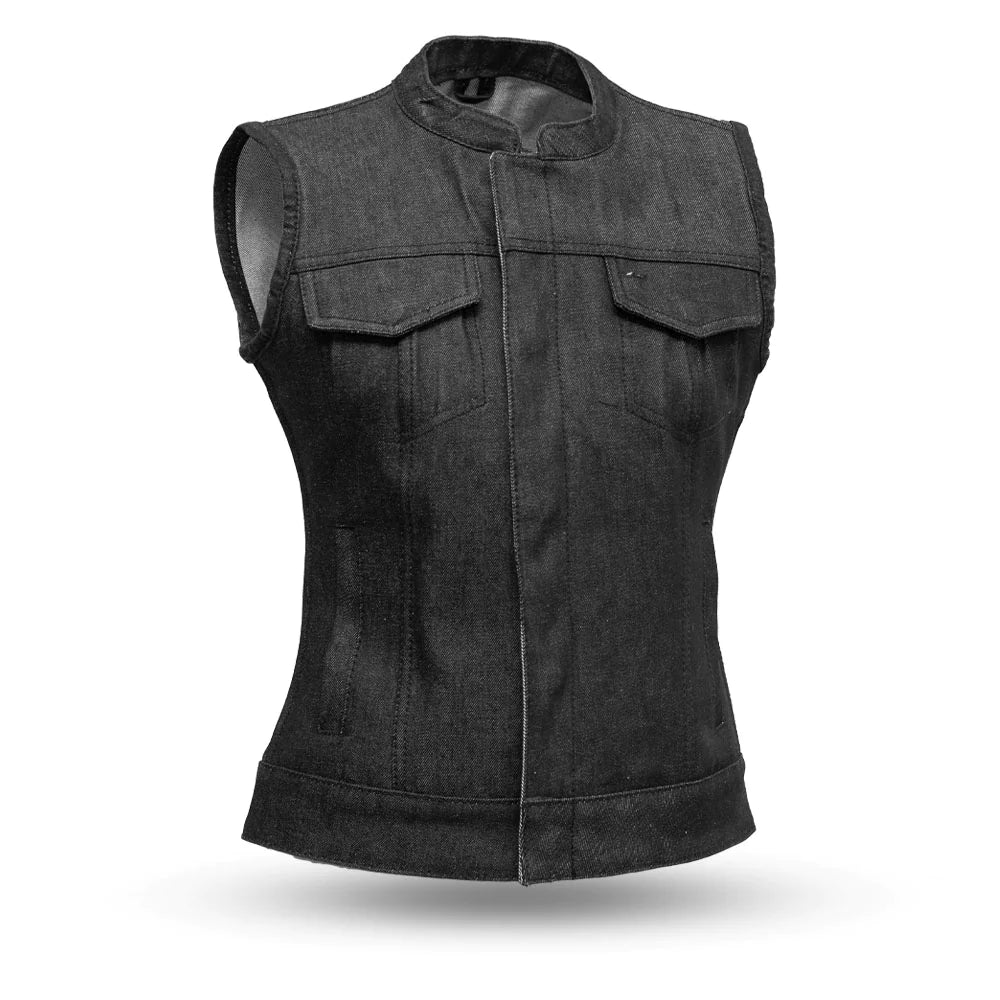 Front view - Women's Washed Denim vest - Conceal carry pockets - Free Shipping