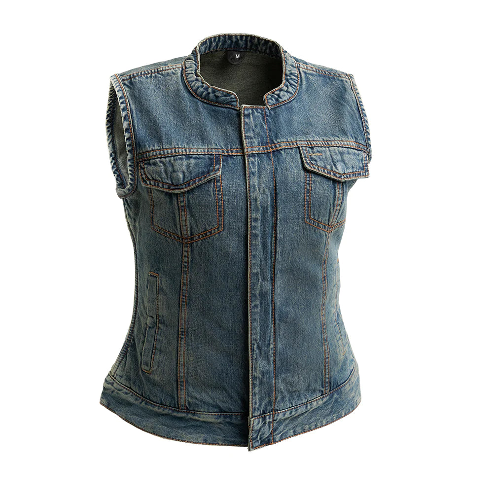 "Front View: Lexy Club Style Vest - Washed Blue Denim
