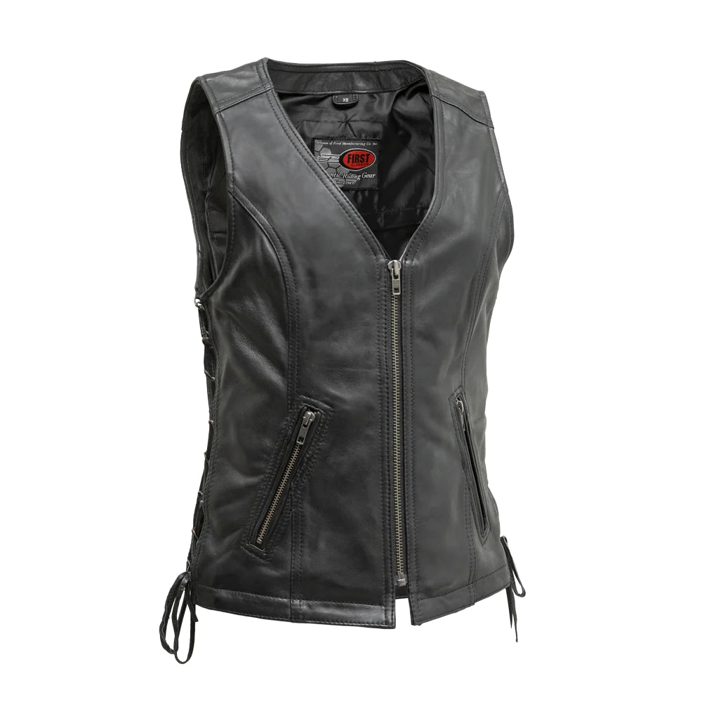 "Front View: Cindy V-Neck Motorcycle Vest - Sheep Diamond Leather