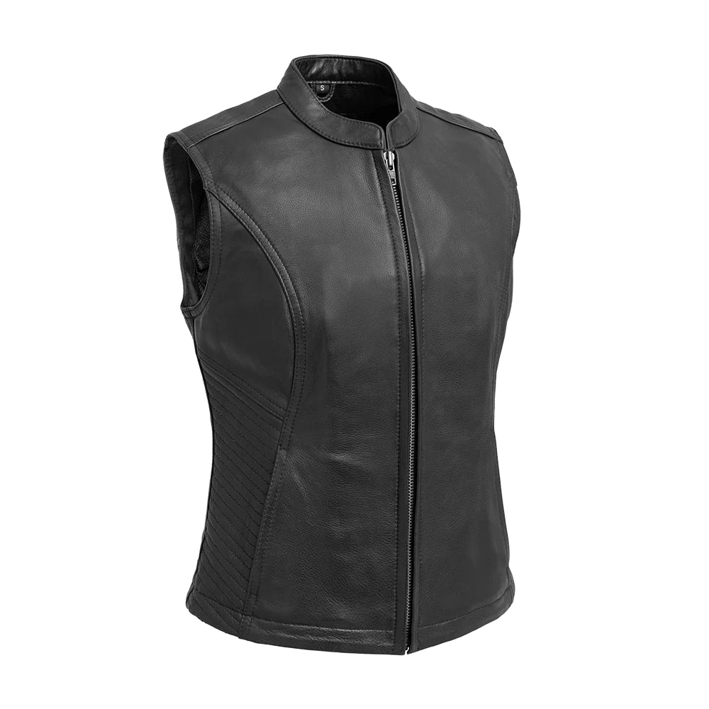 Nina Leather Vest: Front View. Clean Design. Soft Cow Diamond Leather. Zippered Pockets. CE-2 Armor. Conceal Carry. 