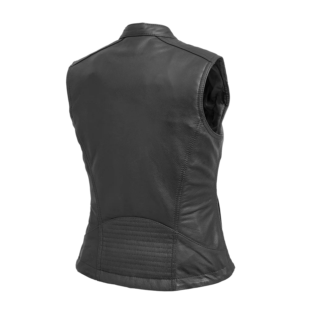 Nina Leather Vest: Back View. CE-2 Armor Pocket. Clean Design. Soft Cow Diamond Leather. Conceal Carry.