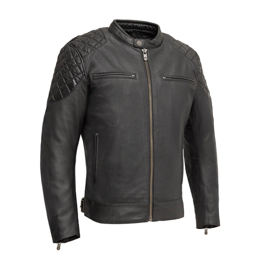  Front view of Grand Prix Men's Leather Motorcycle Jacket, featuring a race-inspired design with dynamic stripes and zippered pockets.