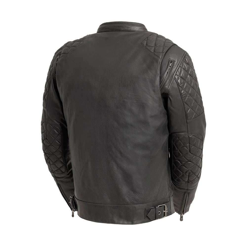 Back of Grand Prix Men's Leather Motorcycle Jacket, highlighting aerodynamic design and ventilation details.