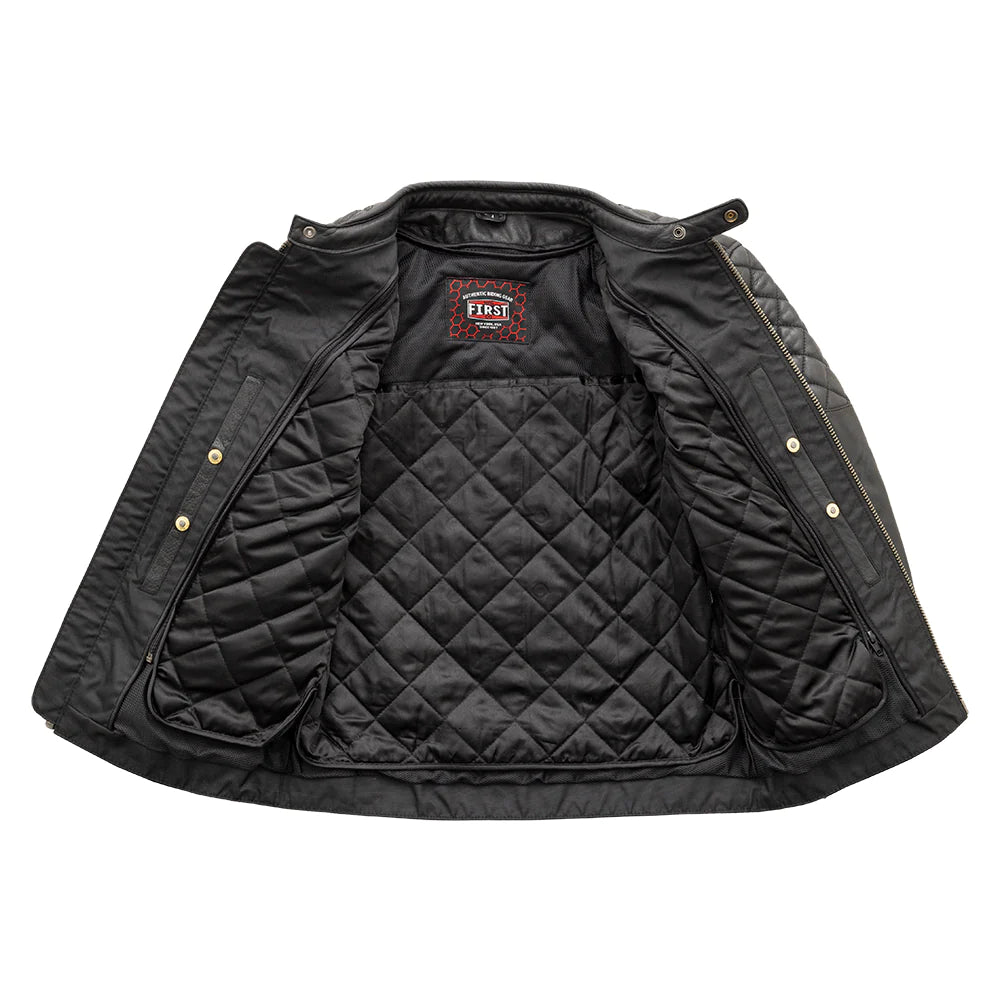  Open front of Grand Prix Men's Leather Jacket, showing lining and pockets.