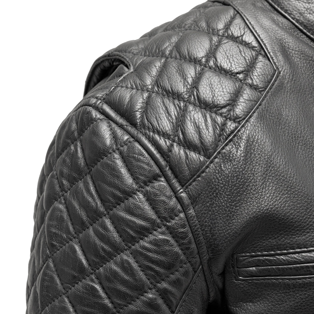Close-up of shoulder on Grand Prix Men's Leather Jacket, showcasing reinforced padding and stitching.