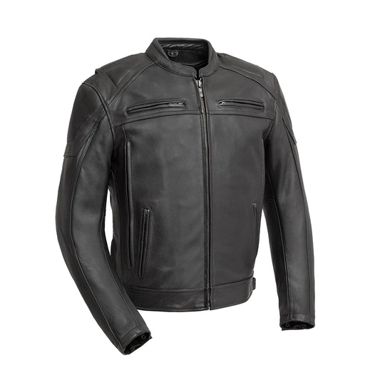  "Front view of Black Diamond Cowhide motorcycle jacket - CE Rated Chaos."