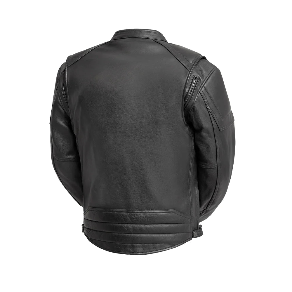 "Back view of CE Rated Chaos motorcycle jacket in Black Diamond Cowhide, showcasing padded shoulders, lower back, and CE-rated armor."