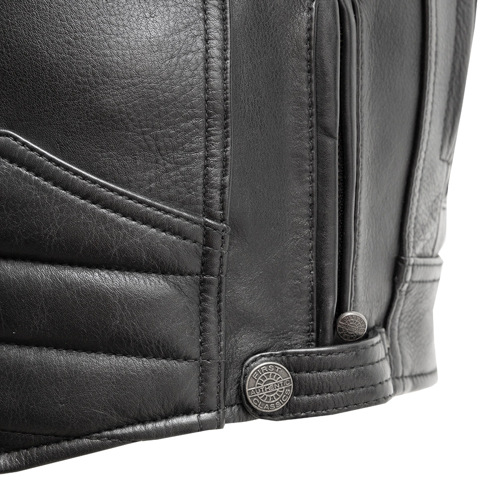 "Close-up of the side pocket's bottom with snap detail on the CE Rated Chaos motorcycle jacket in Black Diamond Cowhide."