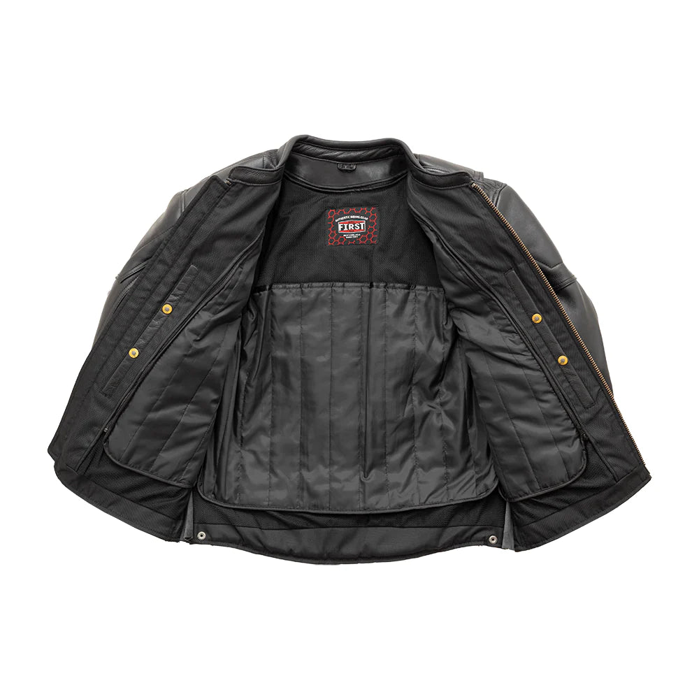 "Image of the open front of the CE Rated Chaos motorcycle jacket in Black Diamond Cowhide, showcasing its design and features."