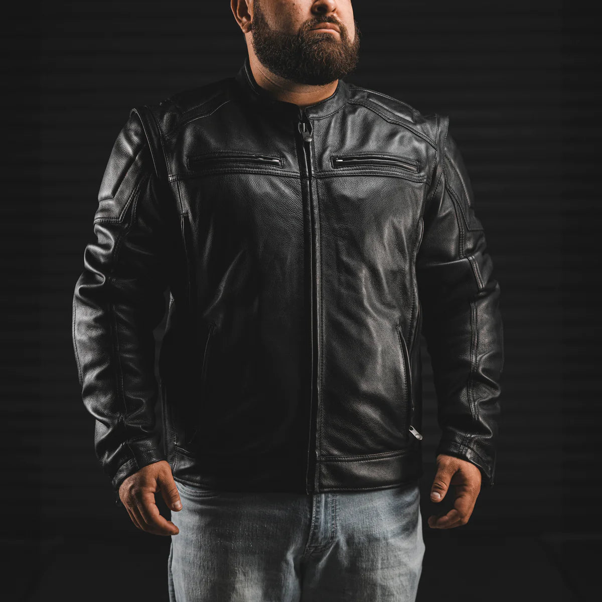  "Image of a man wearing the CE Rated Chaos motorcycle jacket in Black Diamond Cowhide, showcasing the sleek fit and style."