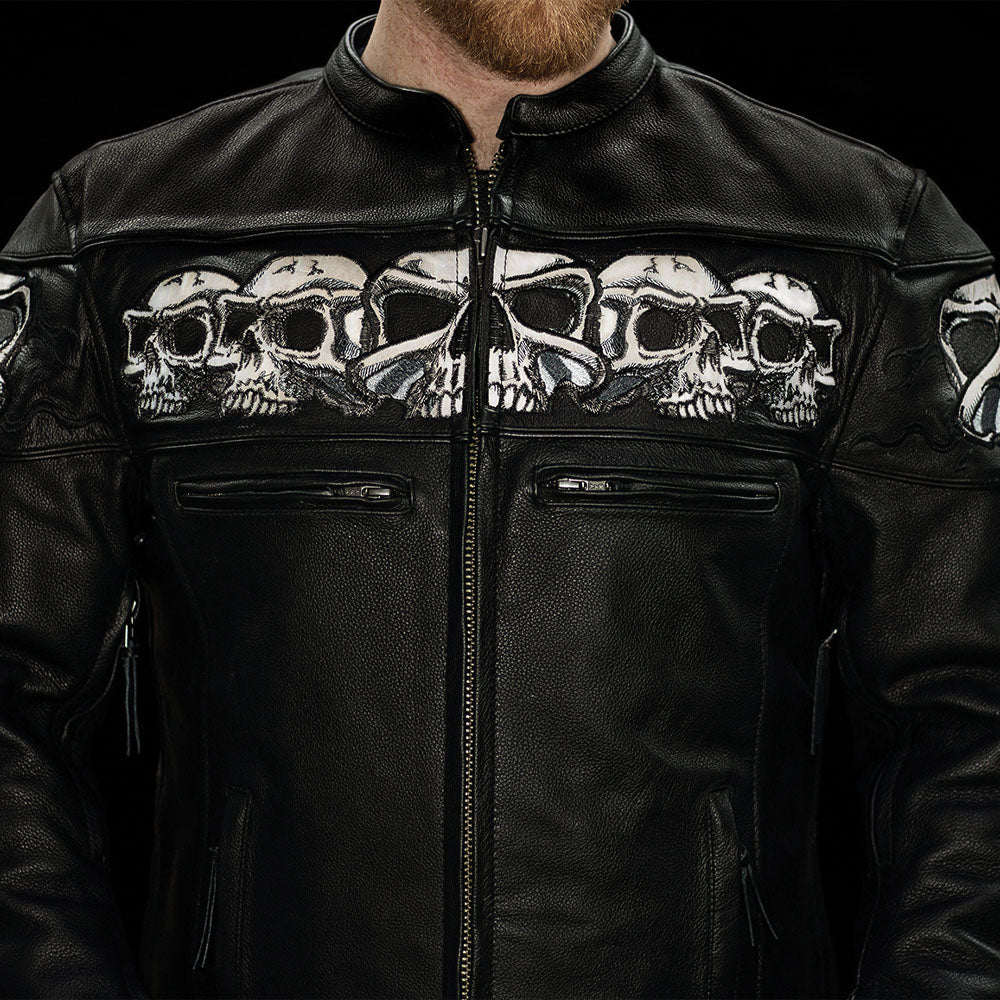 Skulls Jacket: Front View - Reflective Designs, Vents, Armor.