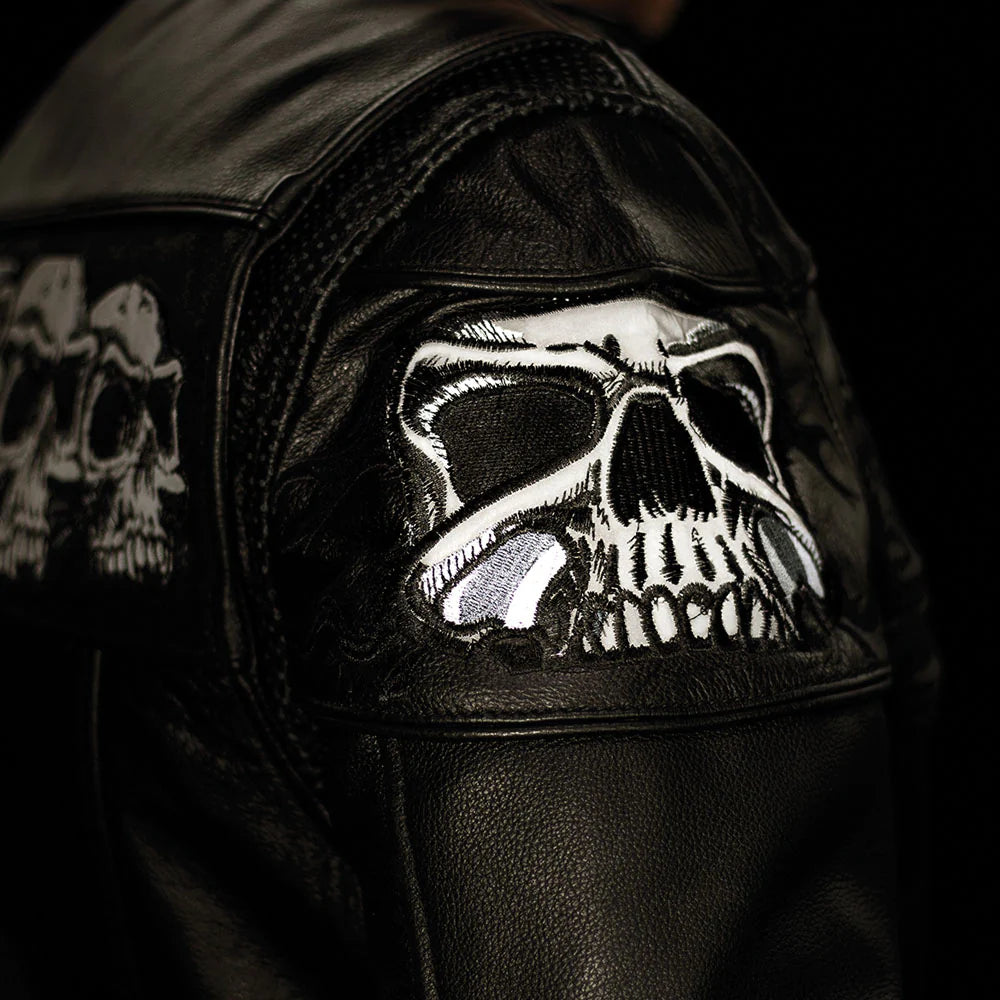 Skulls Jacket: Shoulder Detail - Reflective Design, Vents, Armor.