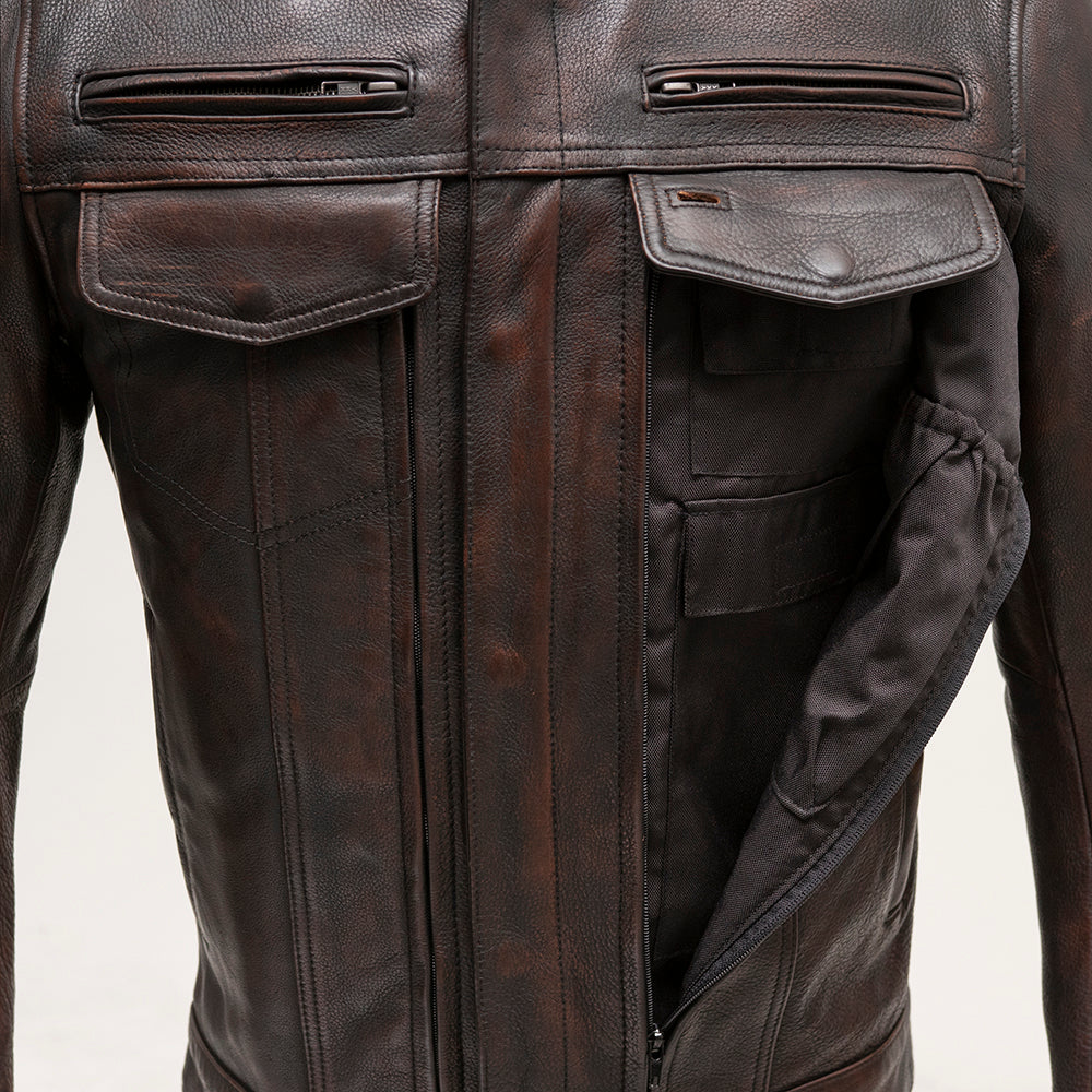  "Front view of Raider Motorcycle Jacket with open hidden pocket, revealing its discreet and ample storage capacity."
