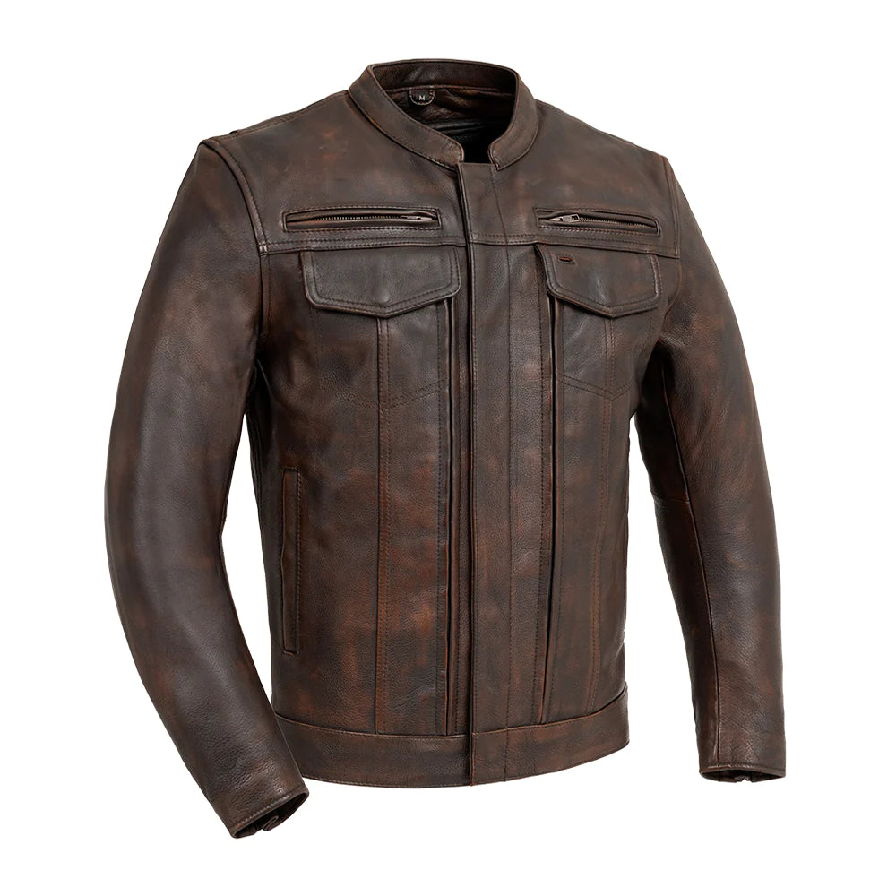  "Front view of Raider Motorcycle Jacket in Copper Brown Diamond Naked Cowhide Leather with multiple pockets and a cropped center zipper."