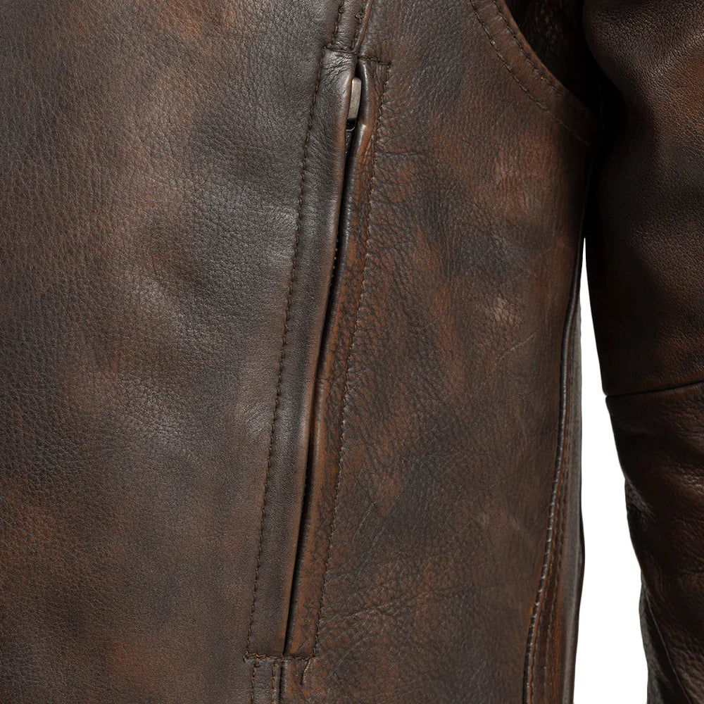  "Close-up of Raider Motorcycle Jacket's side pocket, securely zipped for safe storage during rides."