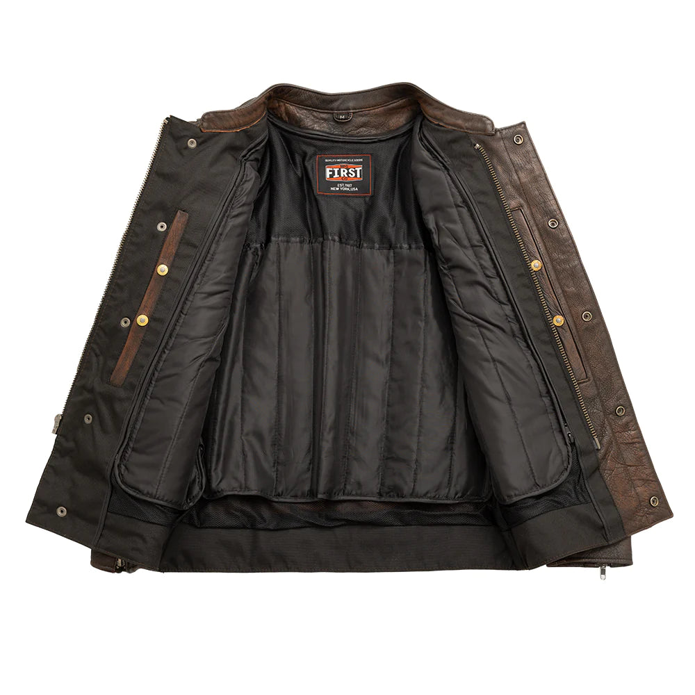 "Front view of Raider Motorcycle Jacket open, showcasing its stylish design and functional features."