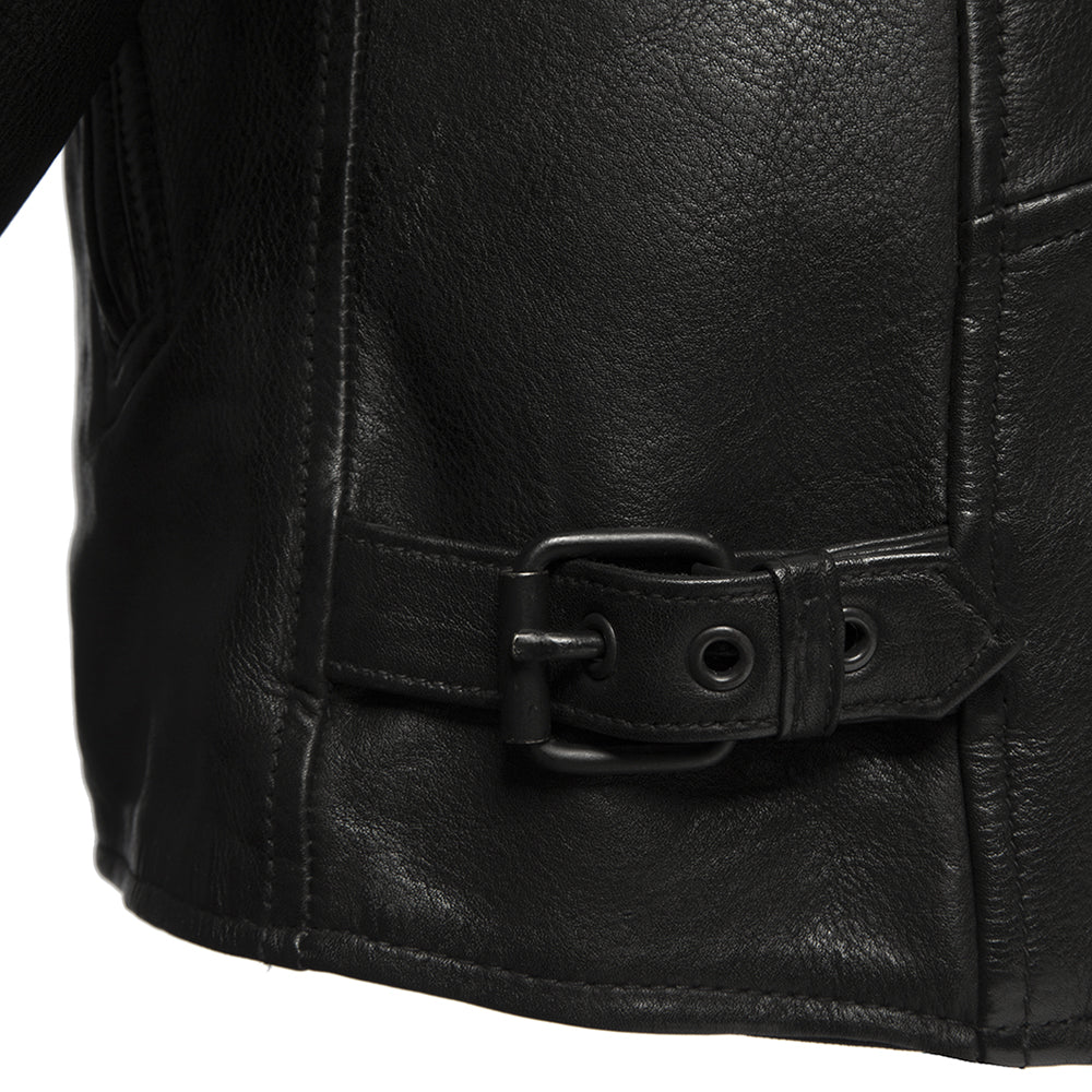 Side View: Night Rider Moto Jacket, Buckle Detail, Blacked-Out Style