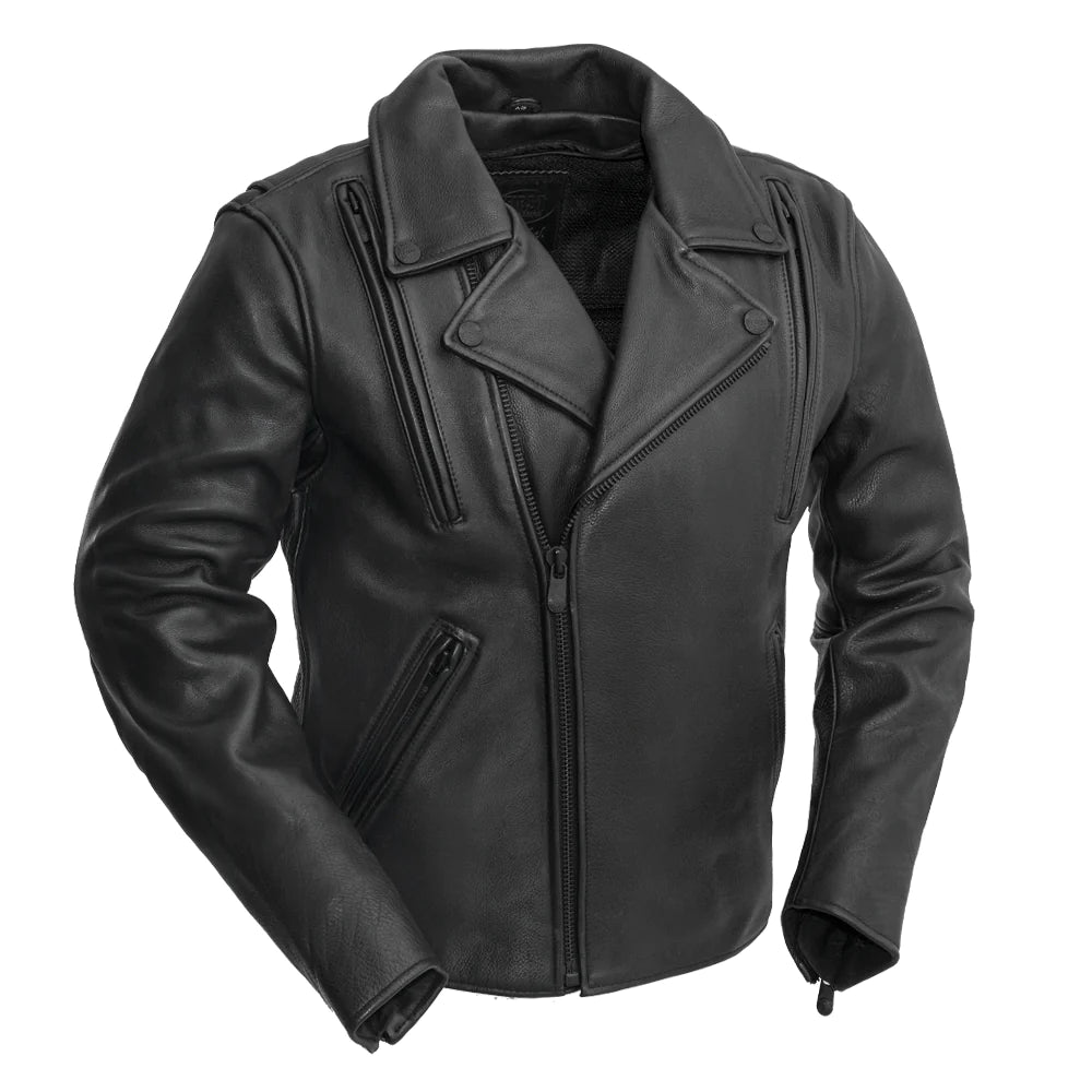 "Front View: Night Rider Moto Jacket, Blacked-Out Style, Motorcycle.