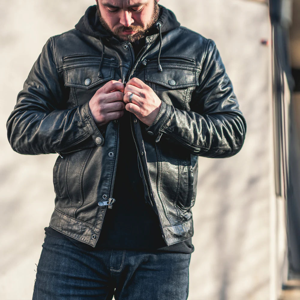 Vendetta Leather Jacket: Summer Ride Essential! Conceal Carry & Armor Pockets. Removable Hood & Liner. Free Shipping