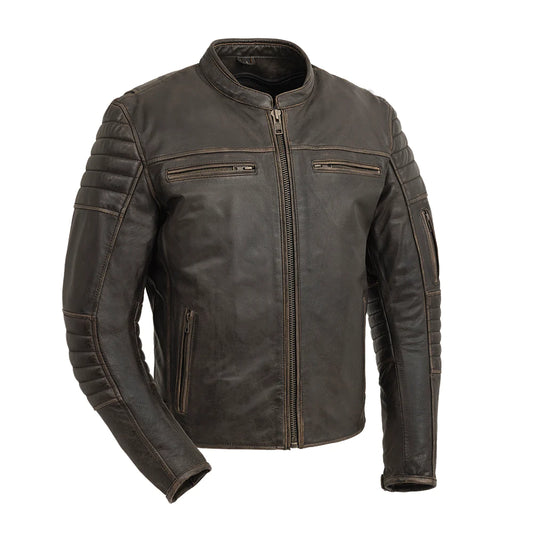Front view of Commuter Men's Motorcycle Leather Jacket, featuring sleek design and zipper details.