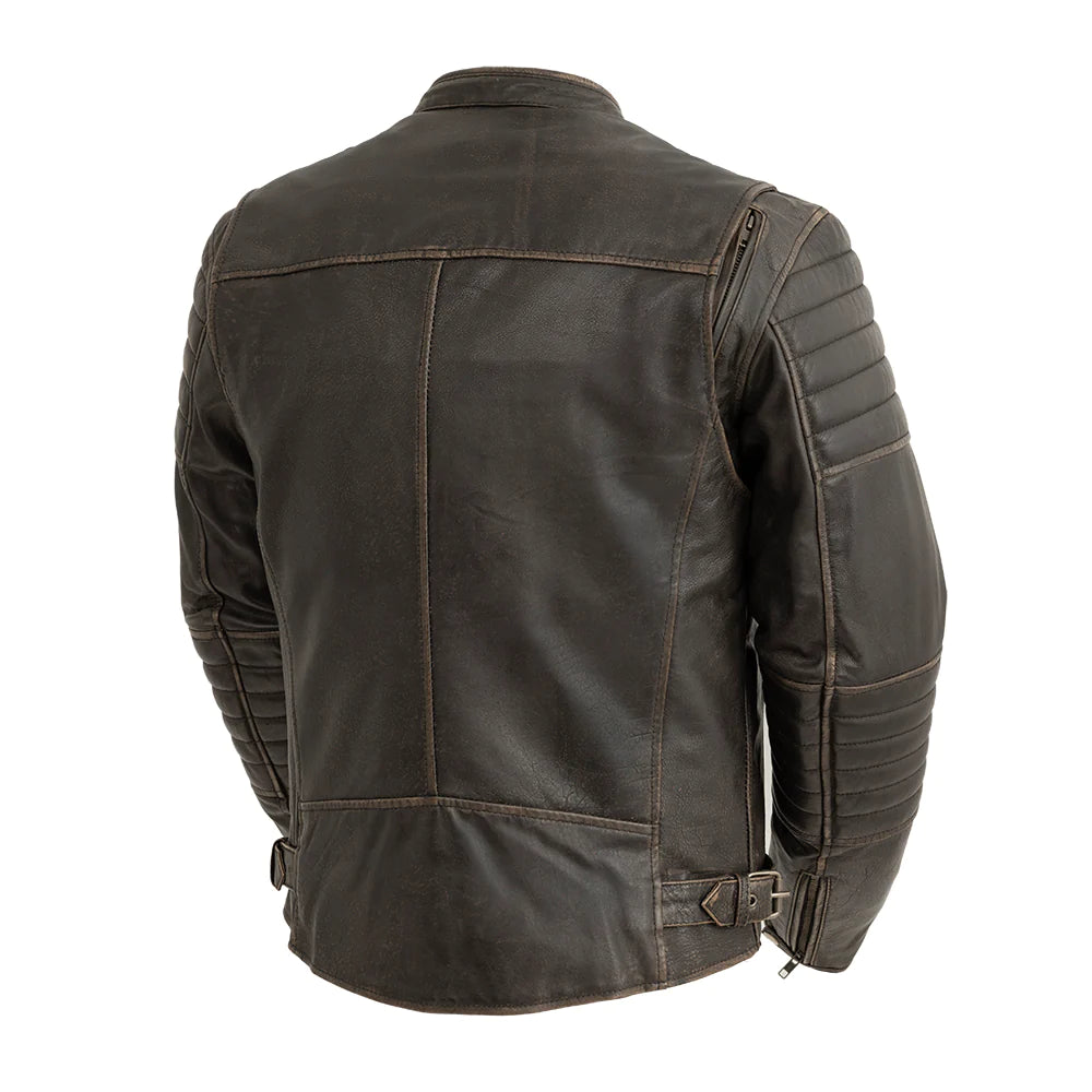 Back view of Commuter Men's Leather Motorcycle Jacket, clean design with vent details.