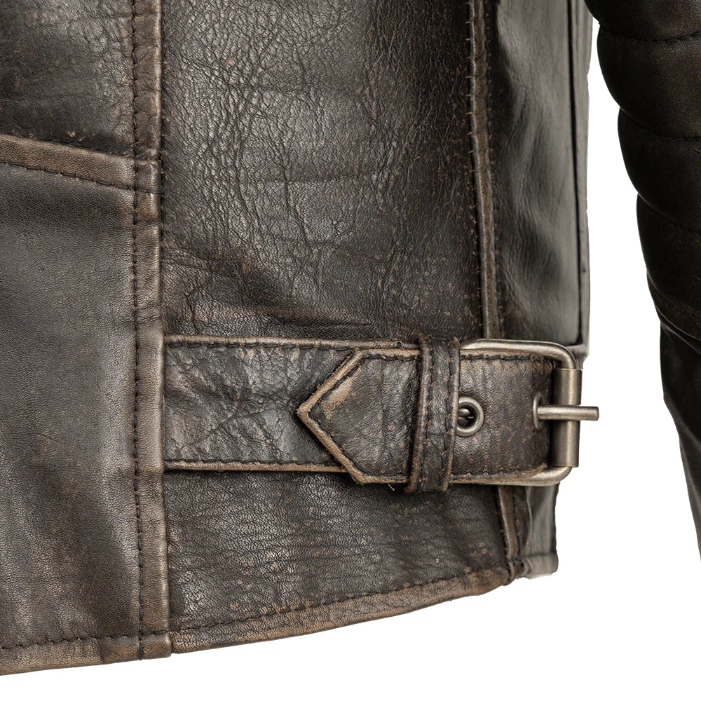 Side view of Commuter Men's Leather Jacket, highlighting adjustable buckle for fit.